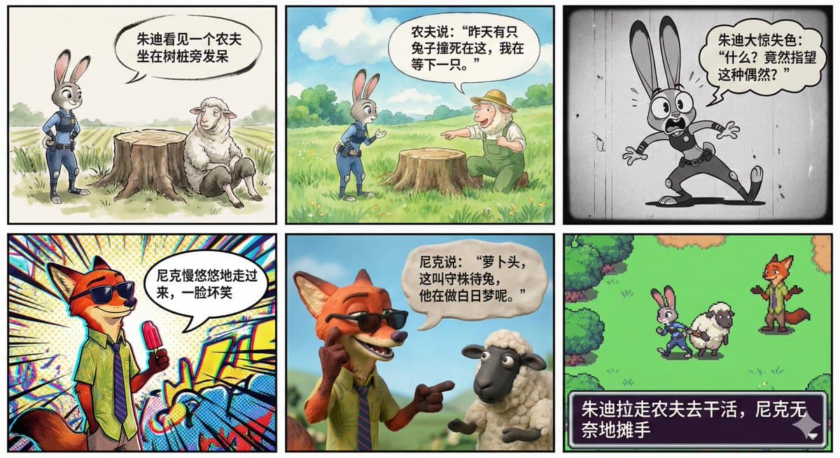 Six-panel comic with distinct styles